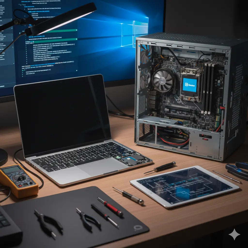 Professional computer repair workstation with laptop and desktop PC at iTech Xpress in Covina, CA