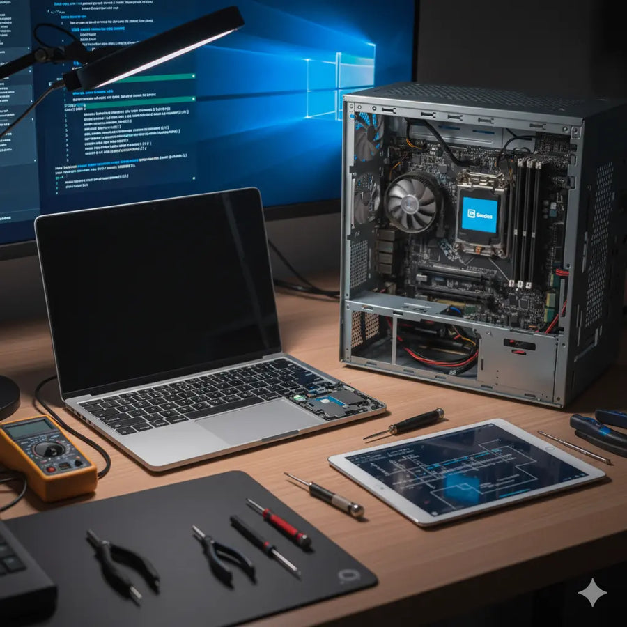 Professional computer repair workstation with laptop and desktop PC at iTech Xpress in Covina, CA
